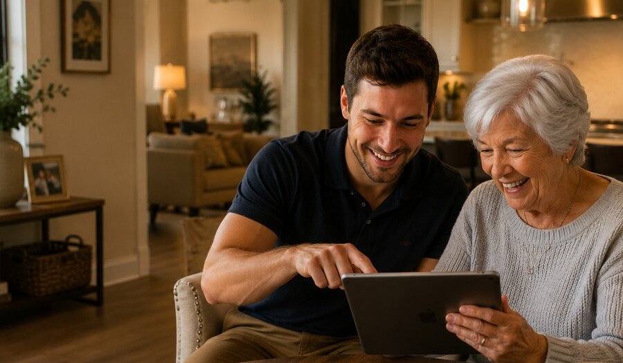 ElderTech tech helper showing a senior woman something on a tablet